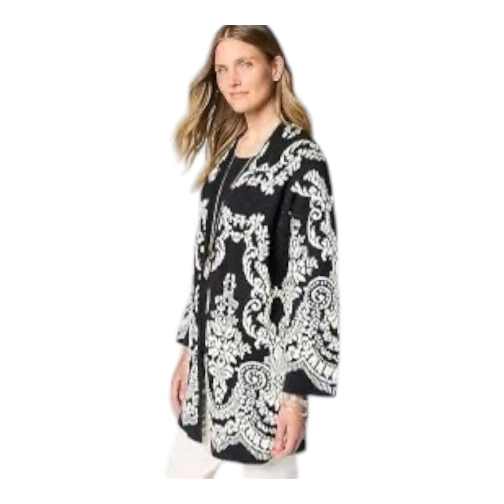 J Jill Cardigan Sweater Size XL Petite Long Jacquard Open Front Black - Picture 13 of 13